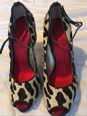Giuseppe Zanotti Black and White Leopard Peep-Toe Heels with Red Insoles